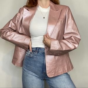 Vintage Y2K Size XL Metallic Light Pink 100% Genuine Leather Blazer Style Jacket